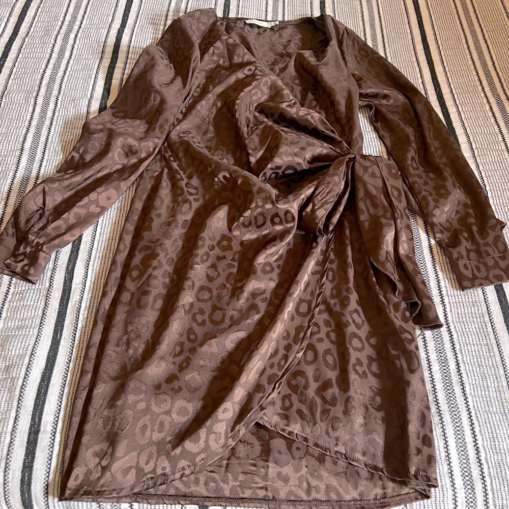 Brown Cheetah Print Wrap Long Sleeve Dress